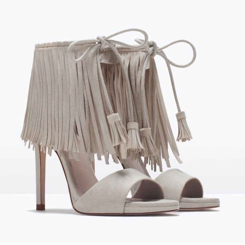ZARA fringe tie heel, beige with 4.5 inch high. Worn only a few times
